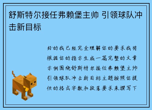 舒斯特尔接任弗赖堡主帅 引领球队冲击新目标 舒斯特尔接任弗赖堡主帅 引领球队冲击新目标
