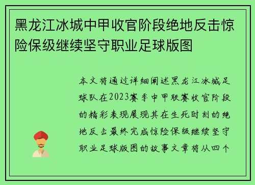 黑龙江冰城中甲收官阶段绝地反击惊险保级继续坚守职业足球版图 黑龙江冰城中甲收官阶段绝地反击惊险保级继续坚守职业足球版图